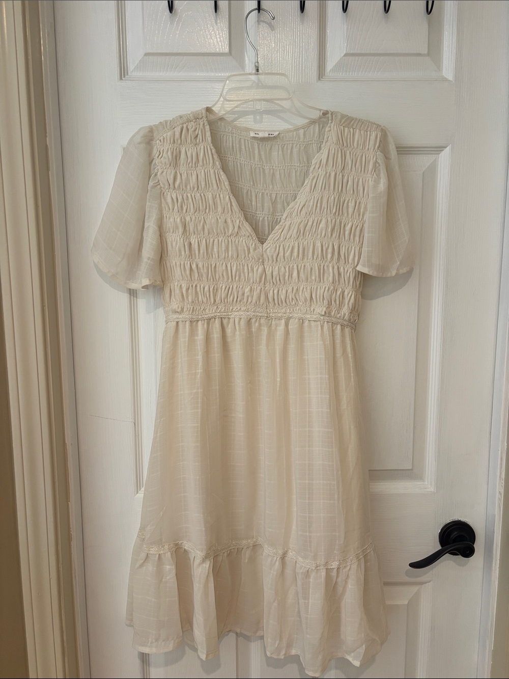 Blu Pepper Cream Smocked V-Neck Flutter Sleeve Dress